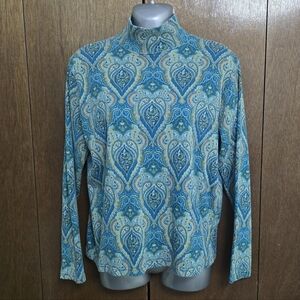 Bobbie Brooks Teal and Cream Paisley Turtleneck Sweater